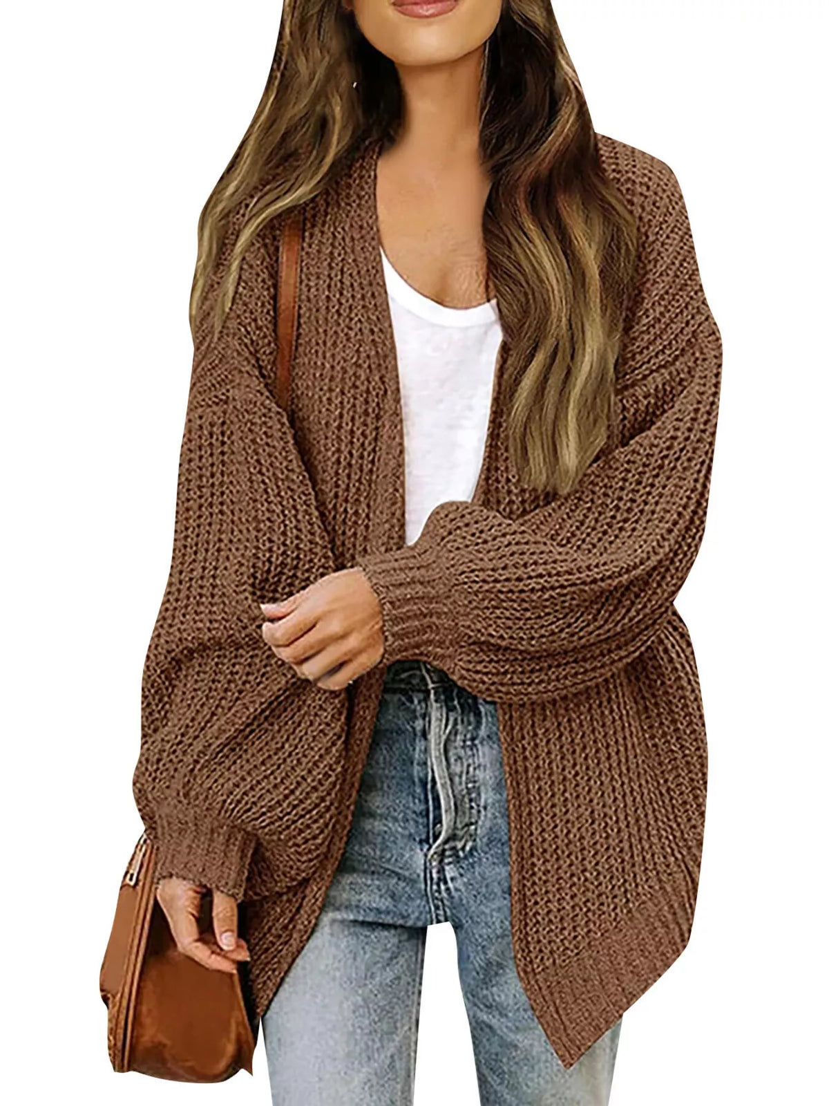 Rosemarie grovstickad cardigan, brun