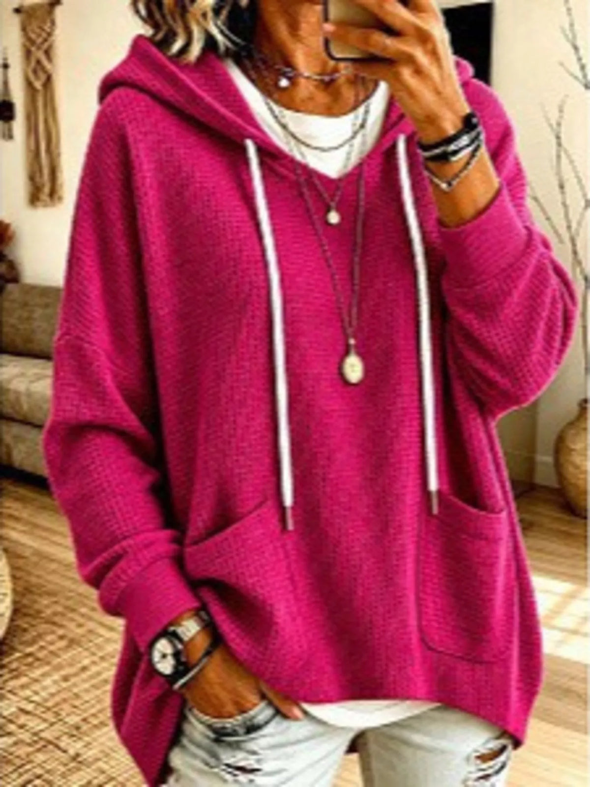 Eir våffelstickad hoodie, cerise