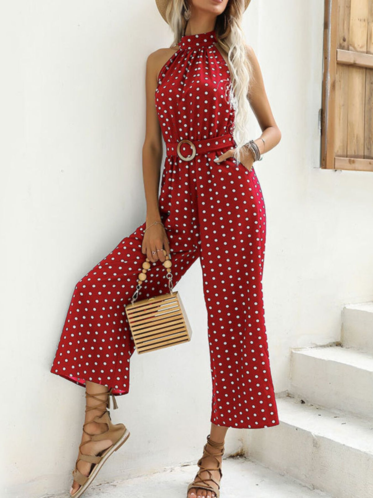 Arabella prickig jumpsuit, vinröd