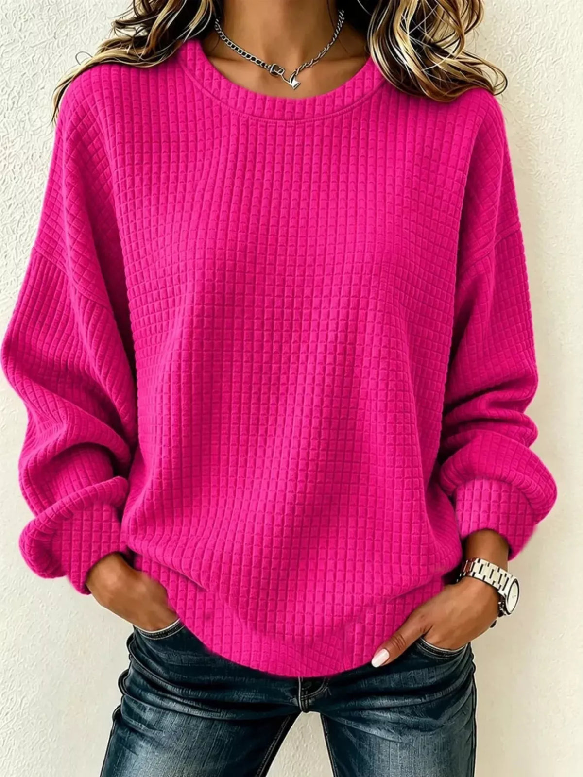 Alfrida våffelstickad sweatshirt, rosenröd