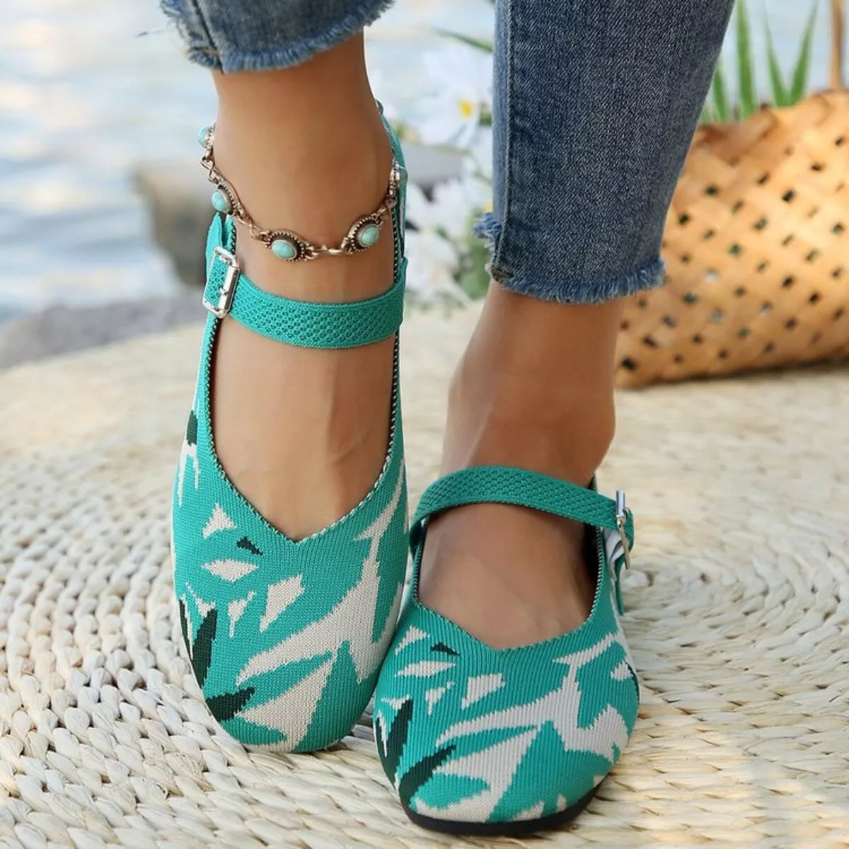 Sheryl slip-ons i mesh, grön blommig