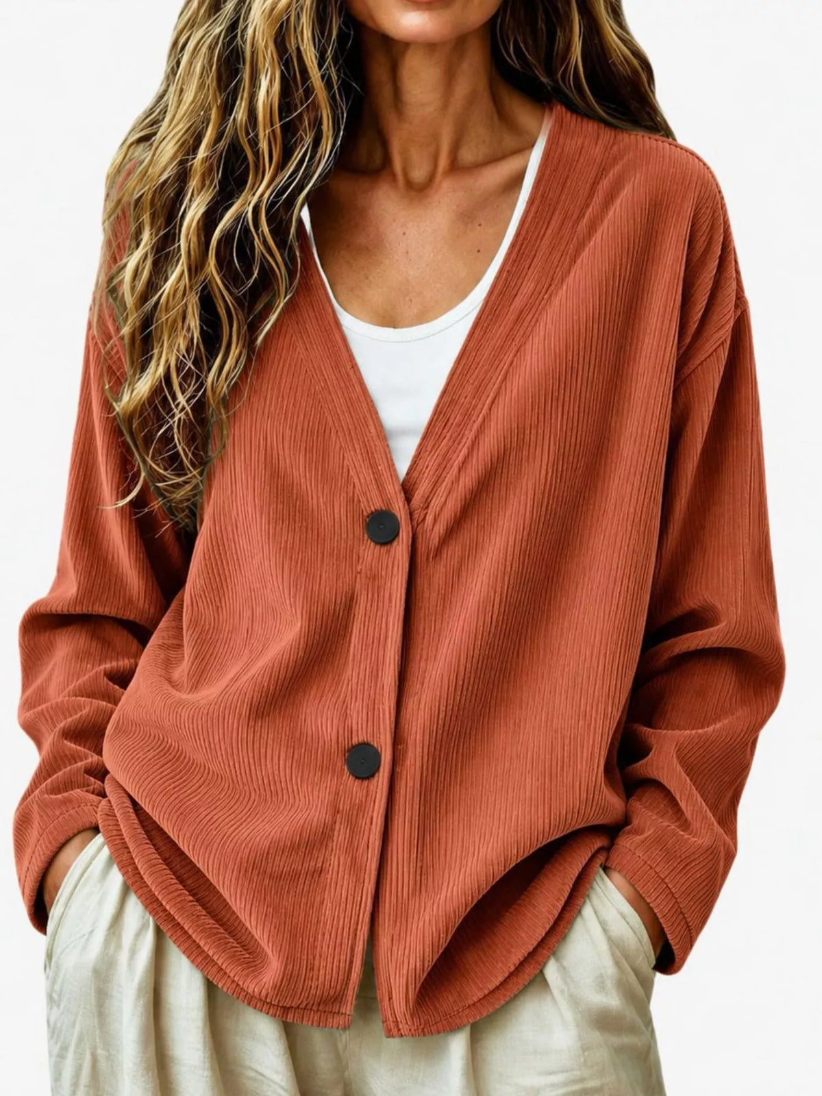 Thyra cardigan i manchester, terrakotta