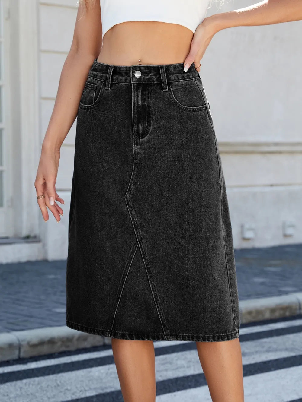 Maj midikjol i denim, svart