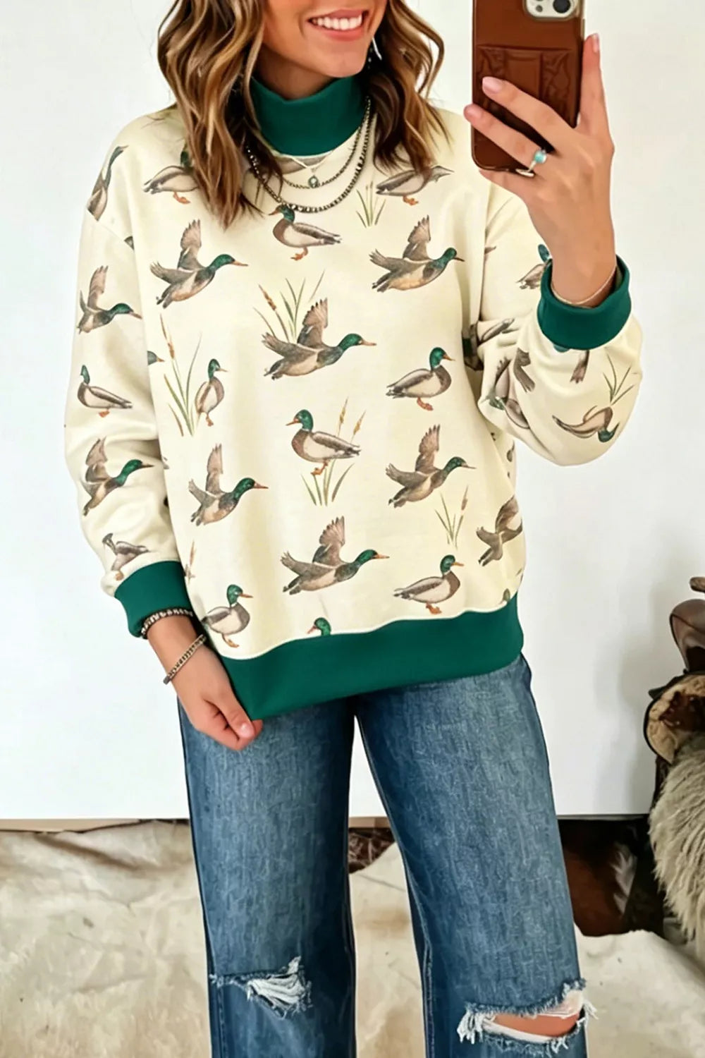 Beda sweatshirt med ankmotiv, beige
