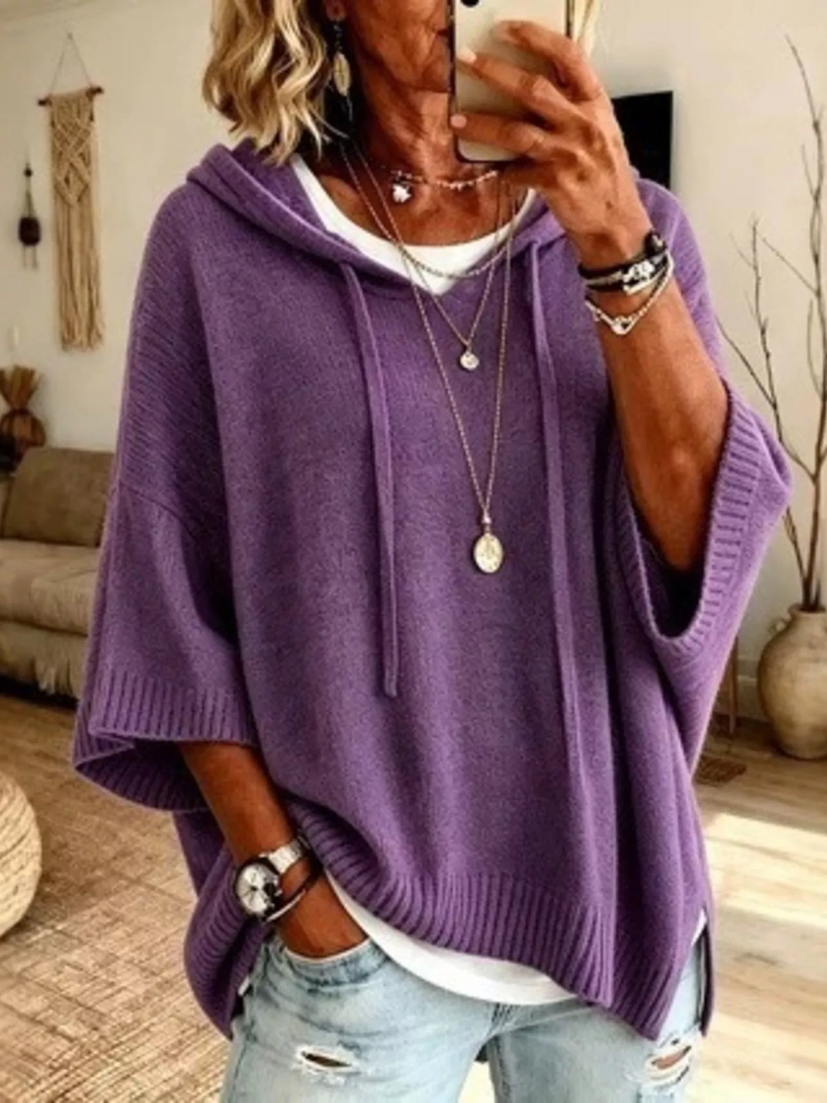 Deja hoodie med fladdermusärm, lila