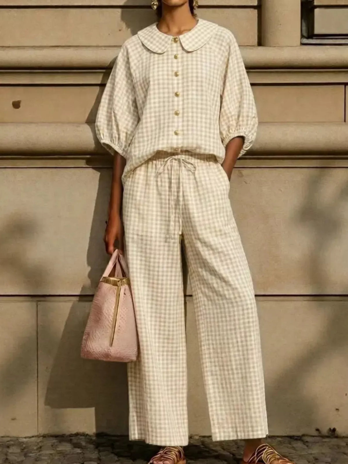 Geraldine rutigt set, khaki