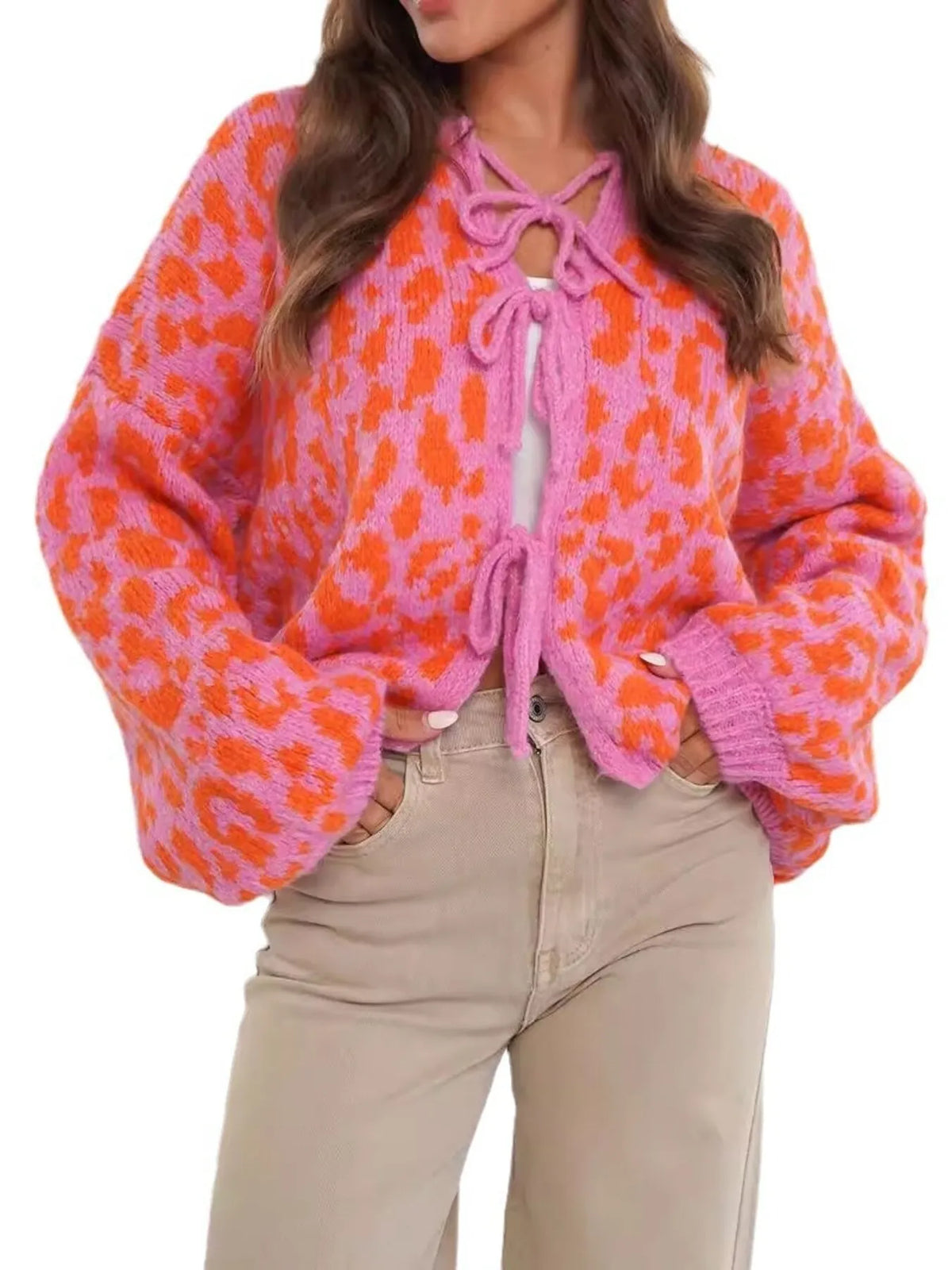 Irja leopardmönstrad cardigan, orange