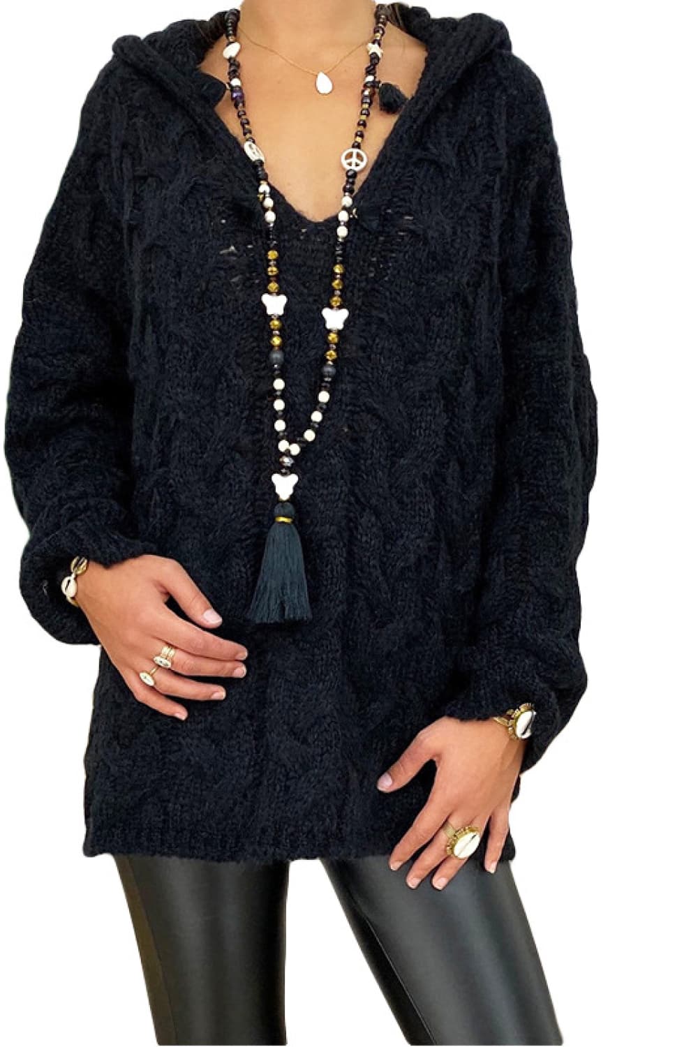Trixie kabelstickad hoodie, svart