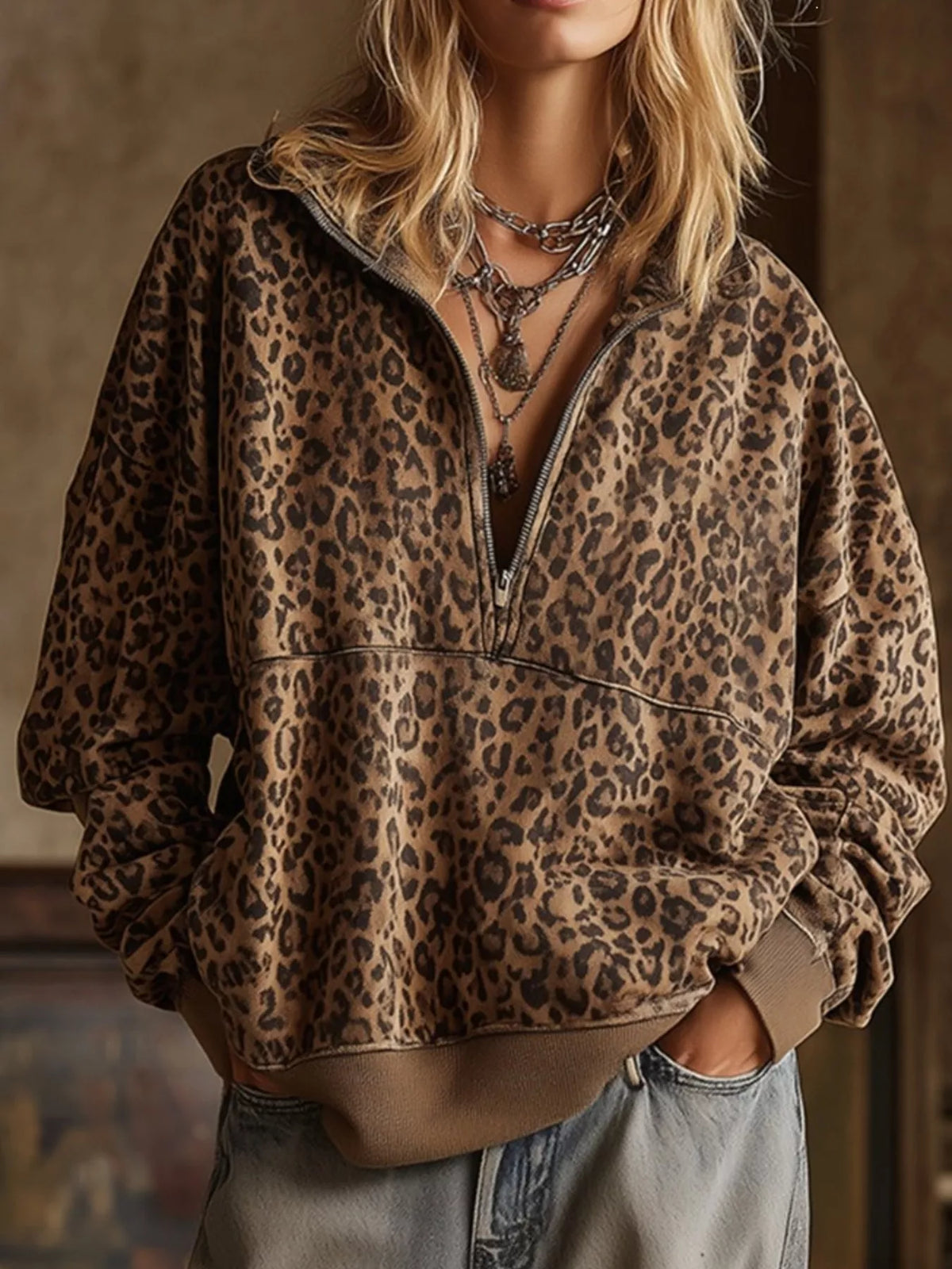 Arnhild leopardmönstrad sweatshirt, mörkbrun