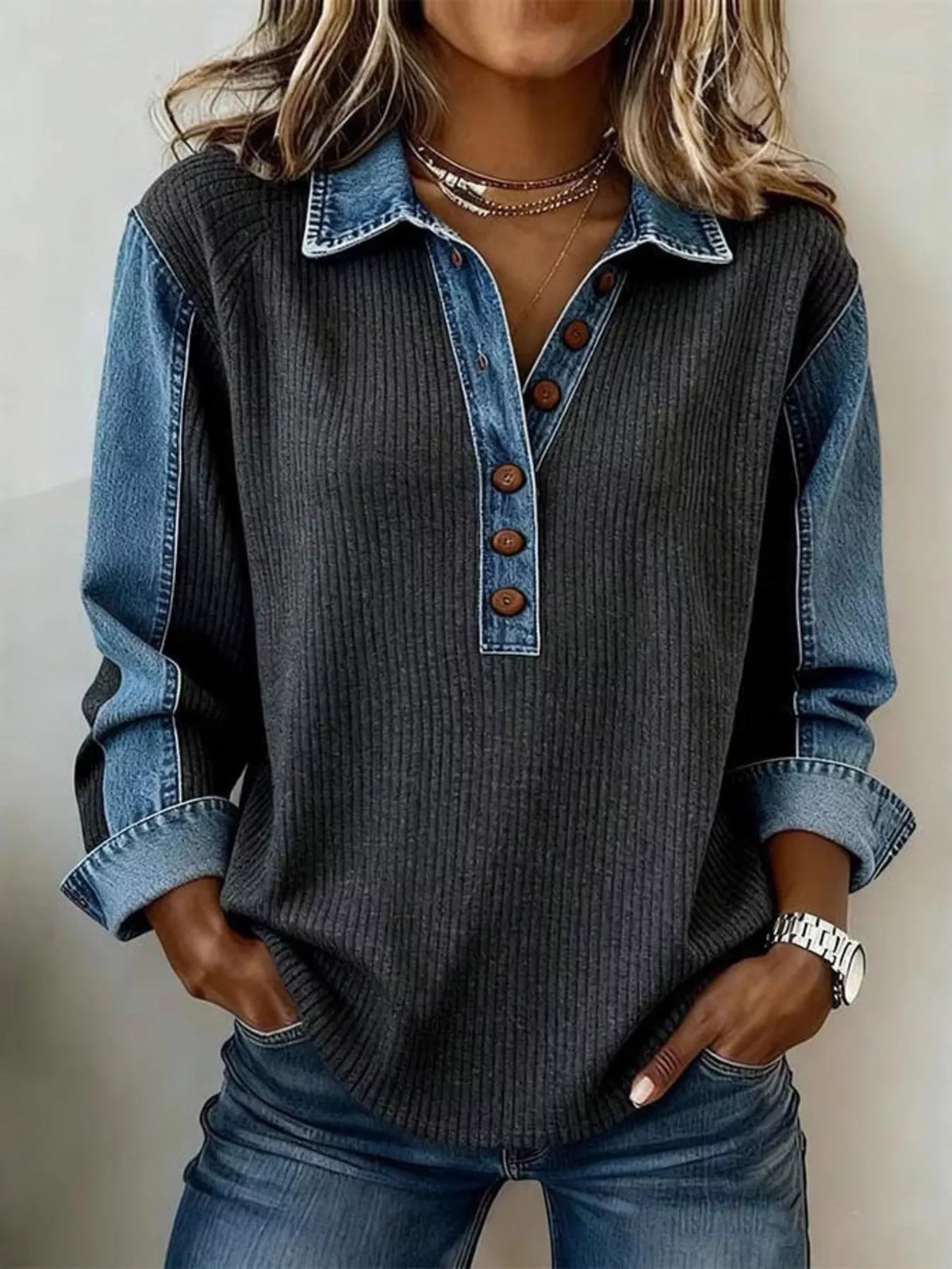Clea sweatshirt med denimkant, grå