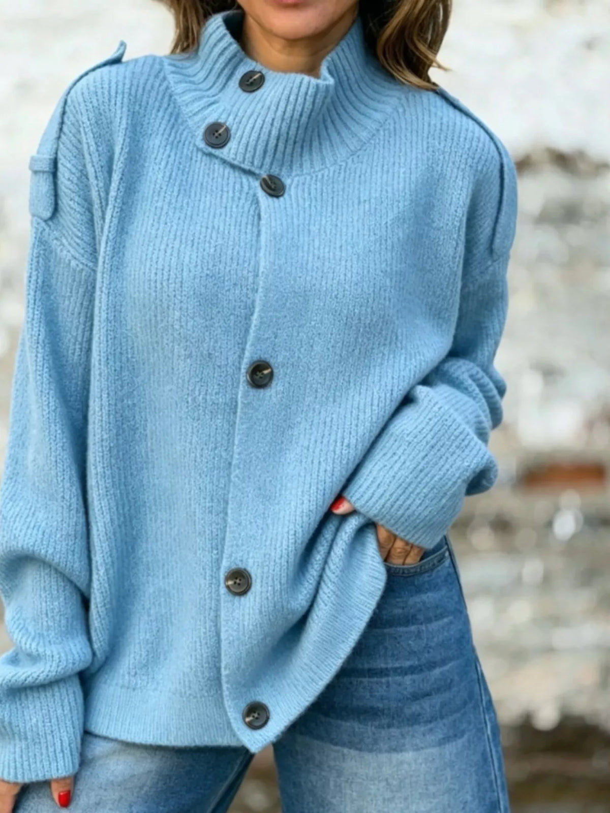 Gro cardigan med halvpolo, ljusblå
