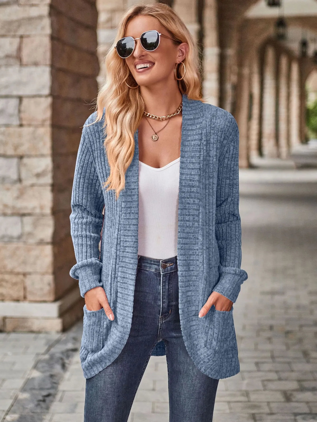 Cassie ribbstickad cardigan, ljusblå