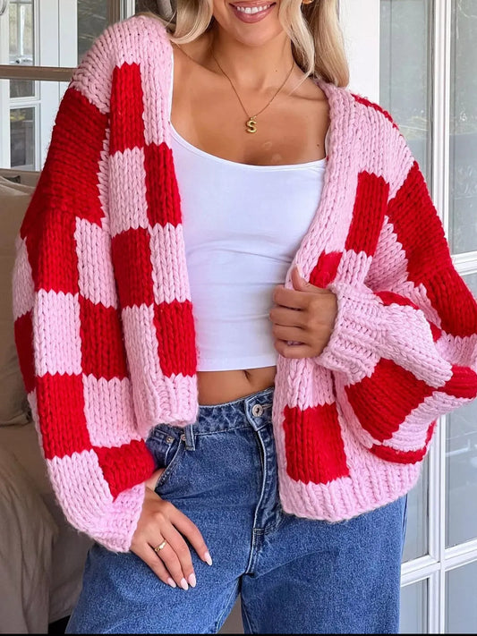 Merit rutig cardigan, röd