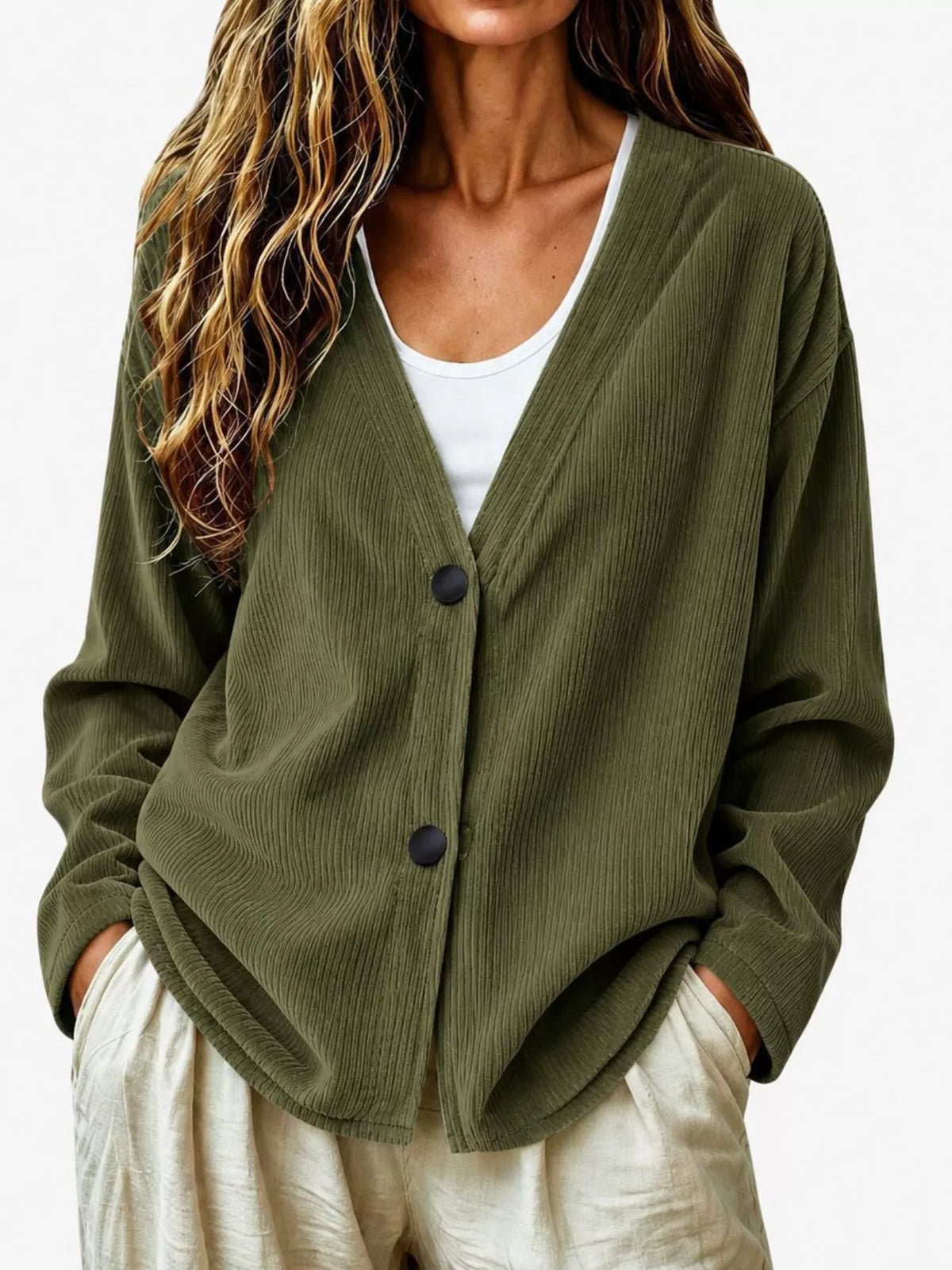 Thyra cardigan i manchester, olivbrun