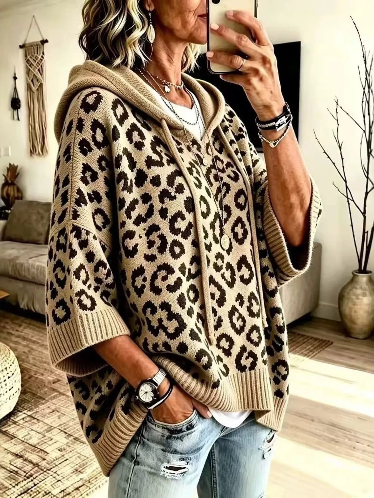 Frauke leopardmönstrad hoodie, khaki