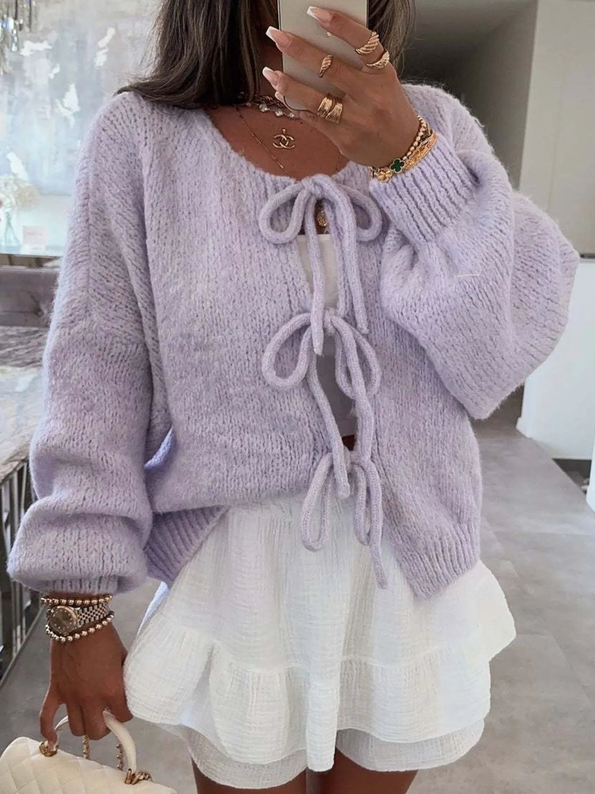 Kinga cardigan med rosett, lila