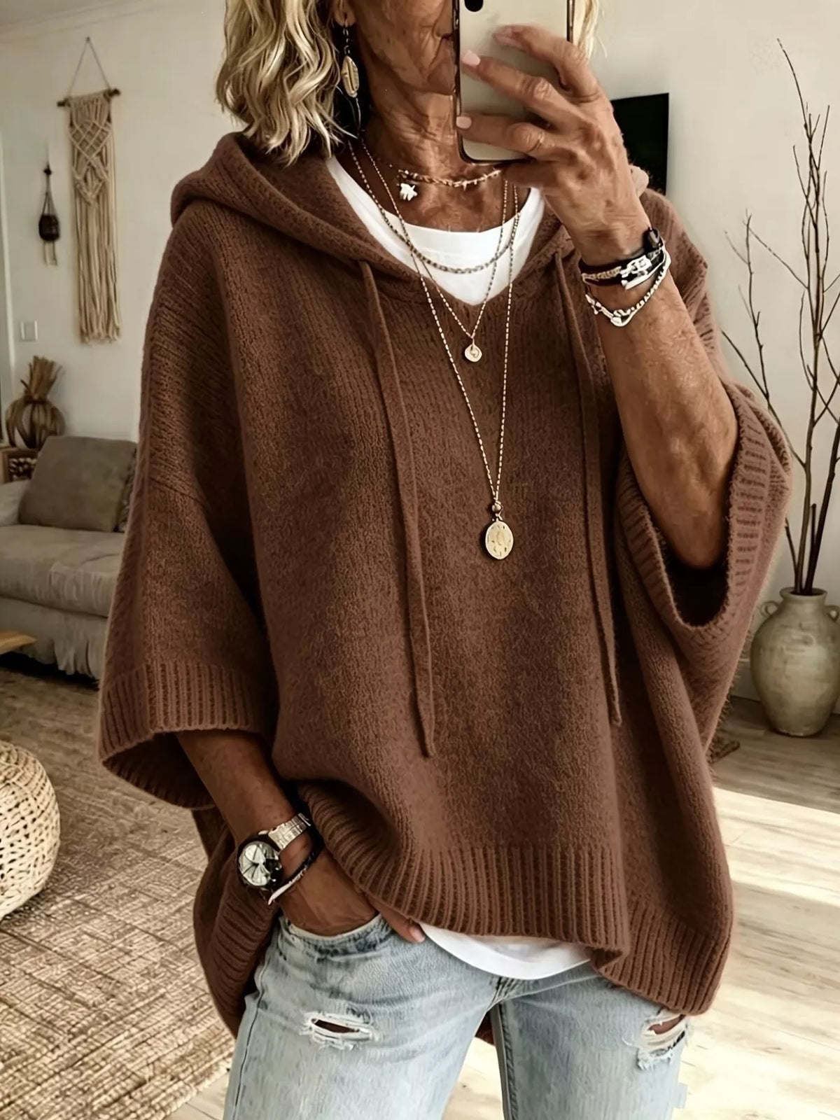 Deja hoodie med fladdermusärm, brun