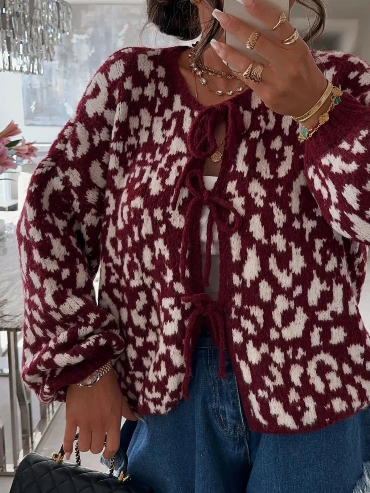 Irja leopardmönstrad cardigan, vinröd