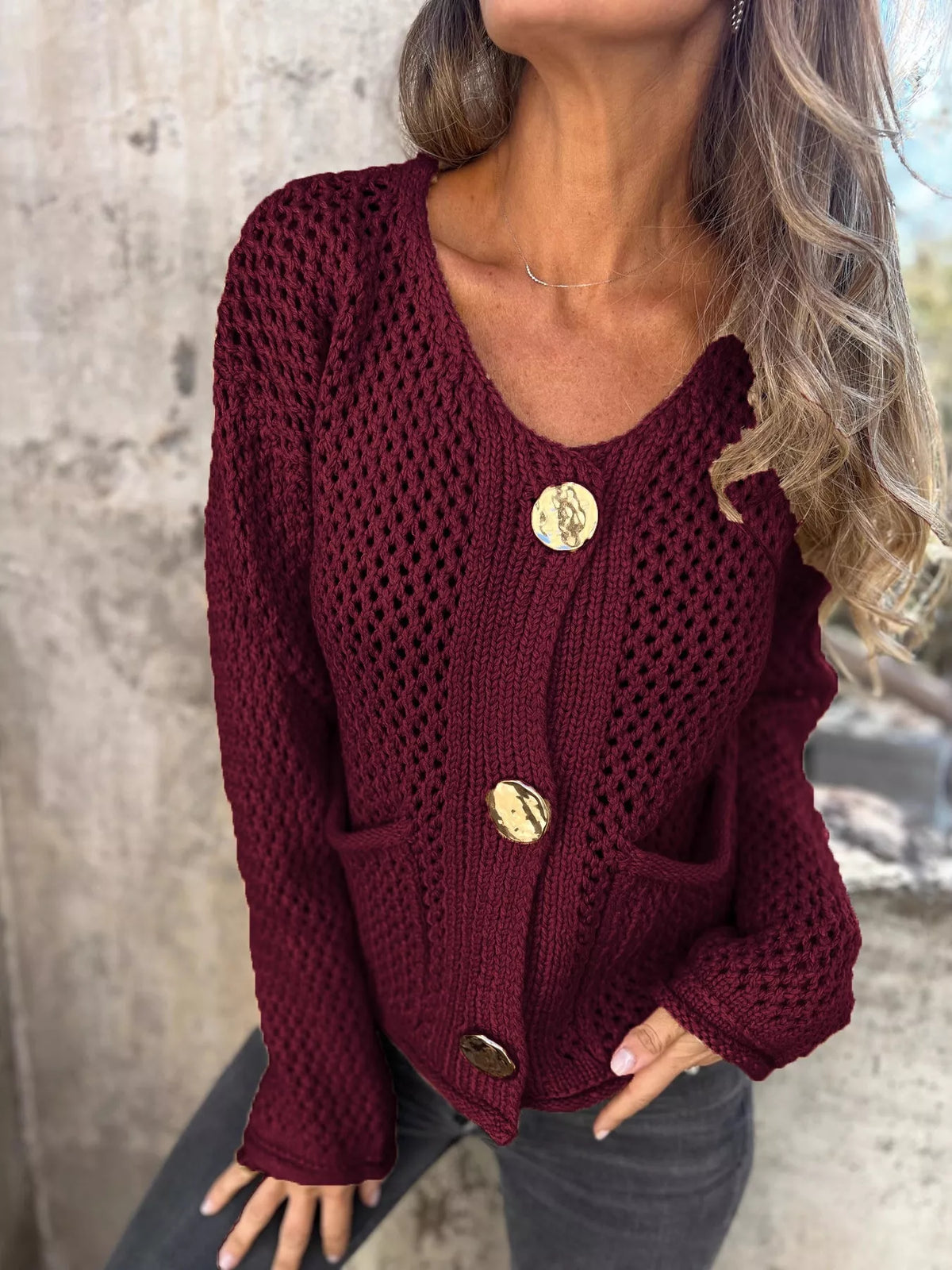 Verity virkad cardigan, mörkröd