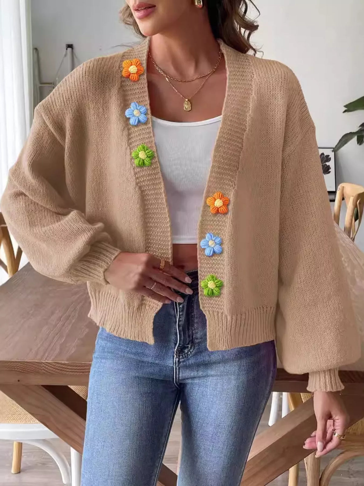 Mätta blommig cardigan, khaki