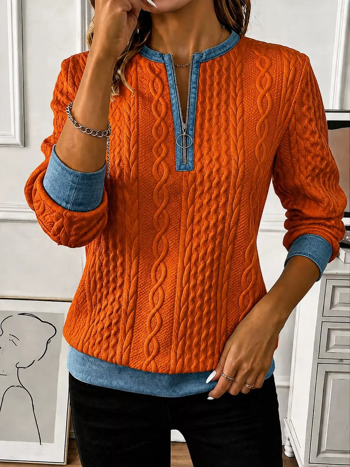 Erika kabelstickad sweatshirt, orange