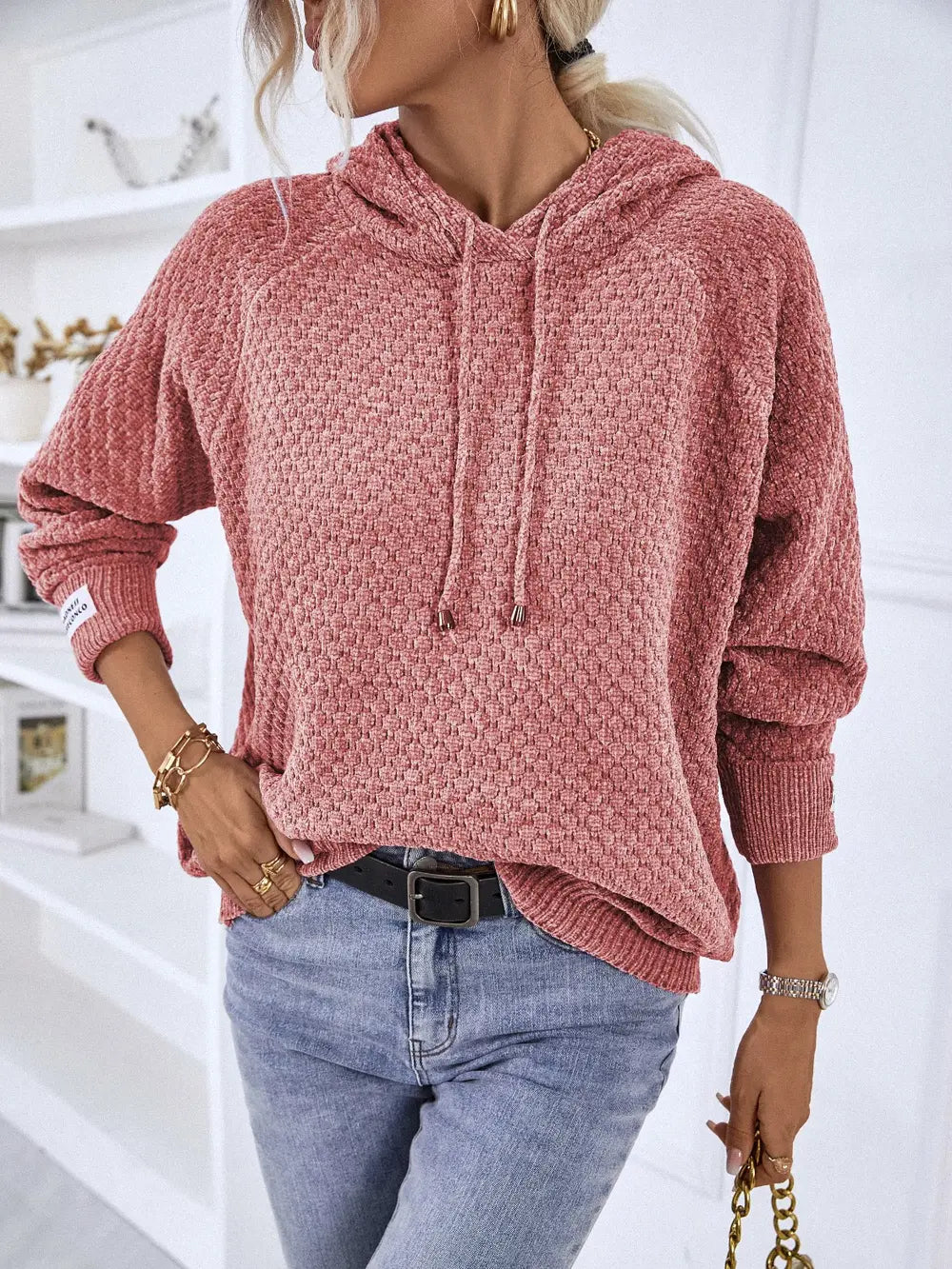 Felisa stickad hoodie, korallröd