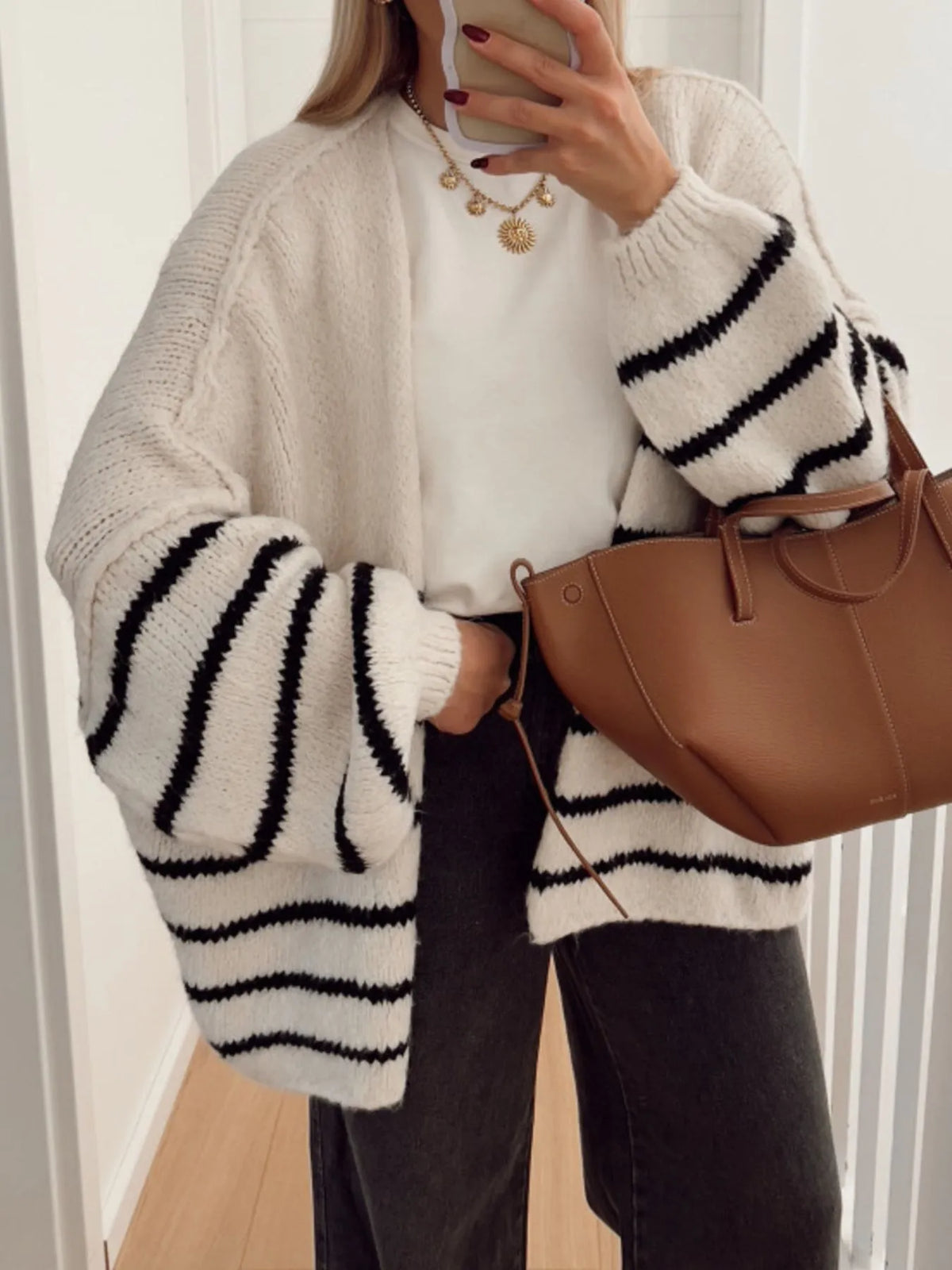 Mallory randig cardigan, aprikos