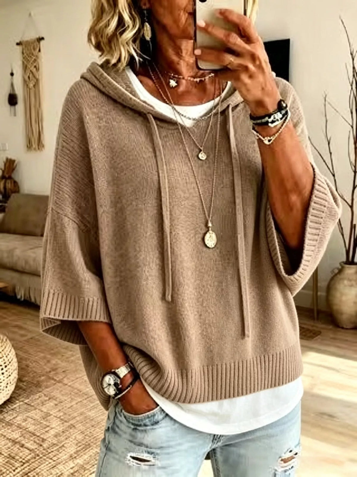 Sally ribbstickad hoodie, khaki