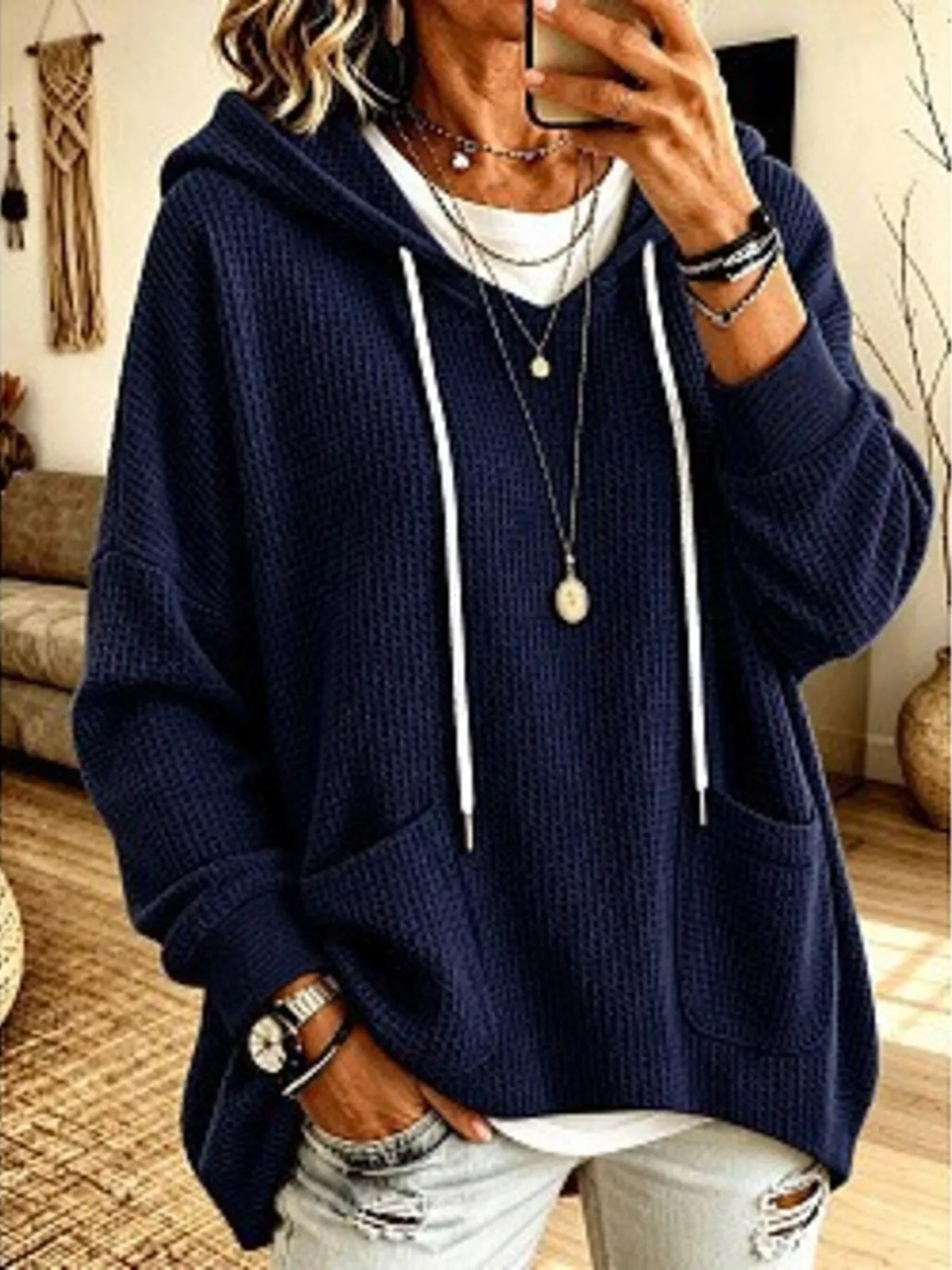 Eir våffelstickad hoodie, marinblå