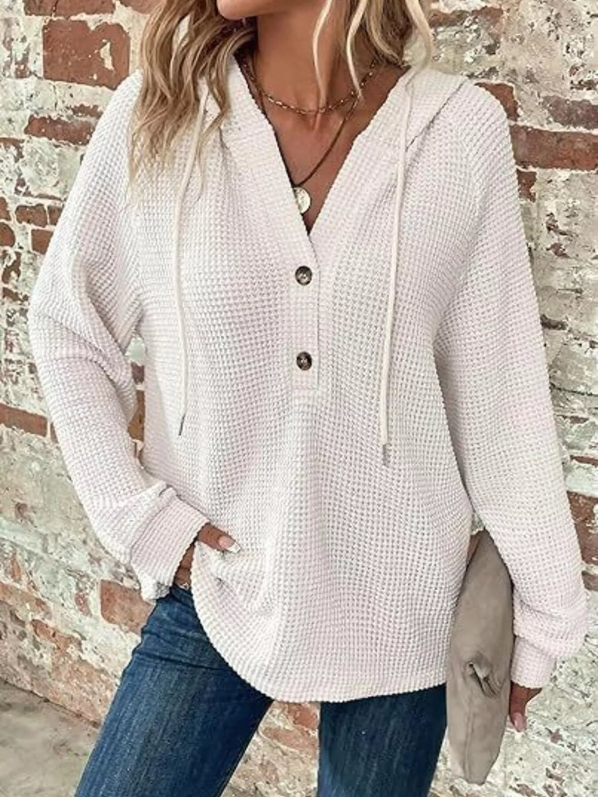 Edna våffelstickad hoodie, vit