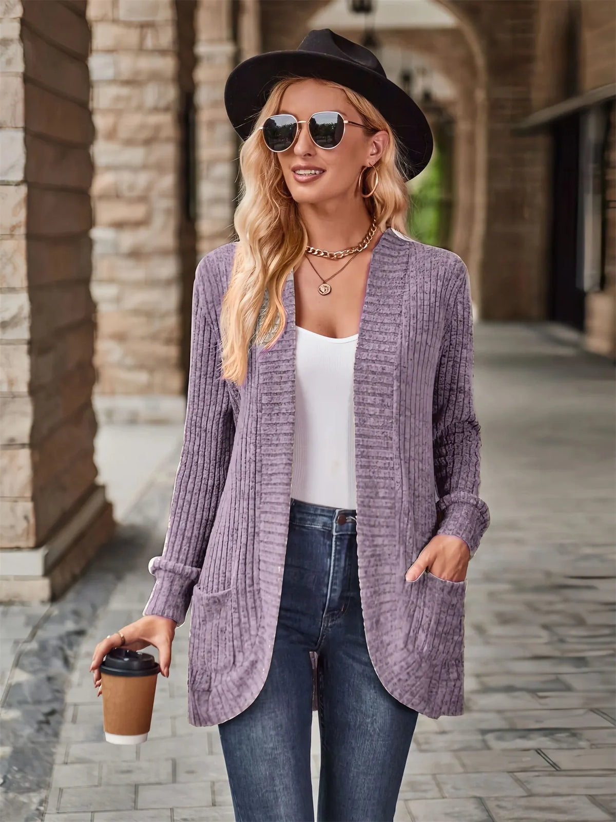 Cassie ribbstickad cardigan, lavendel