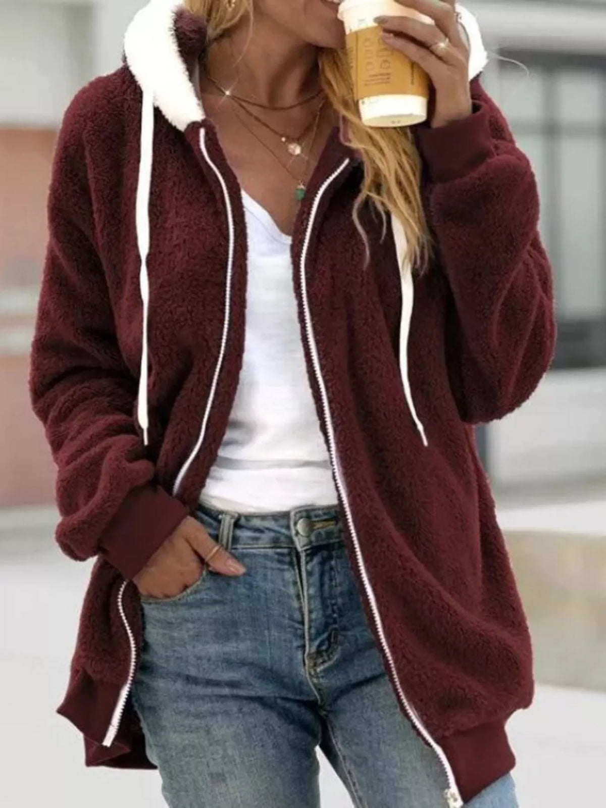 Sanne hoodie i fleece, röd
