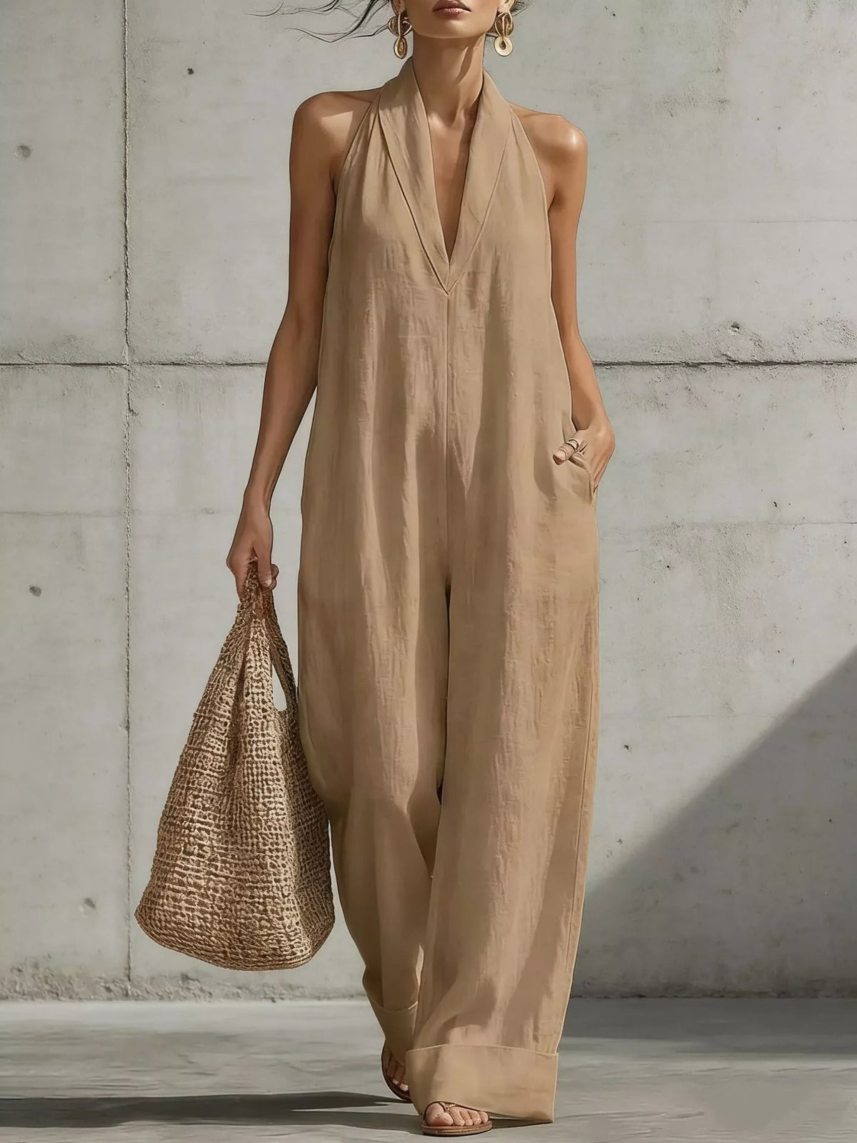 Alanis jumpsuit med halterneck, kamel