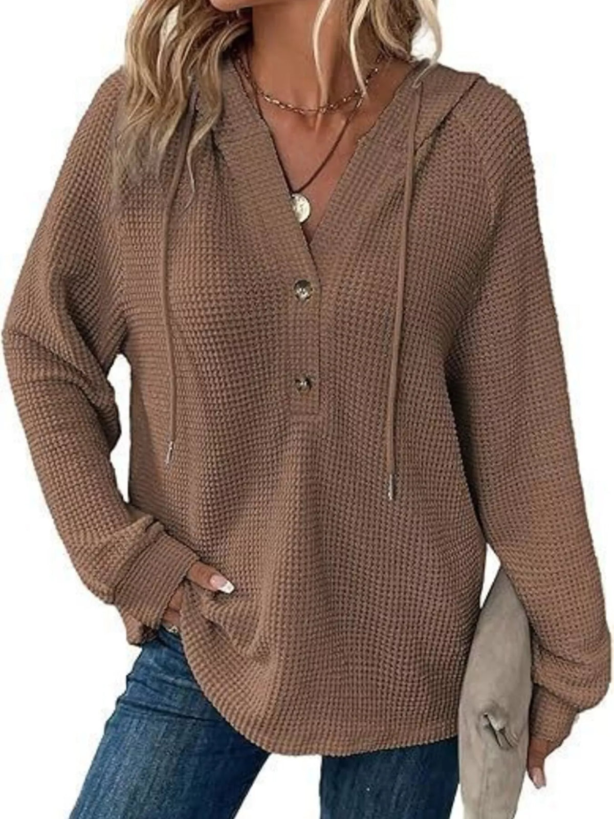 Edna våffelstickad hoodie, brun