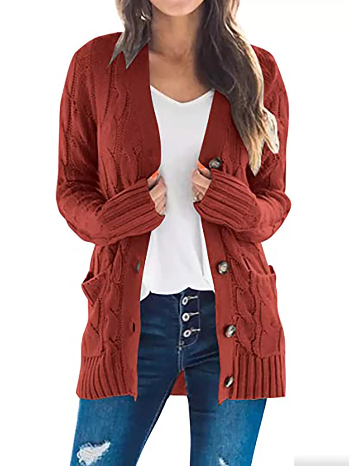 Octavia grovstickad cardigan, roströd
