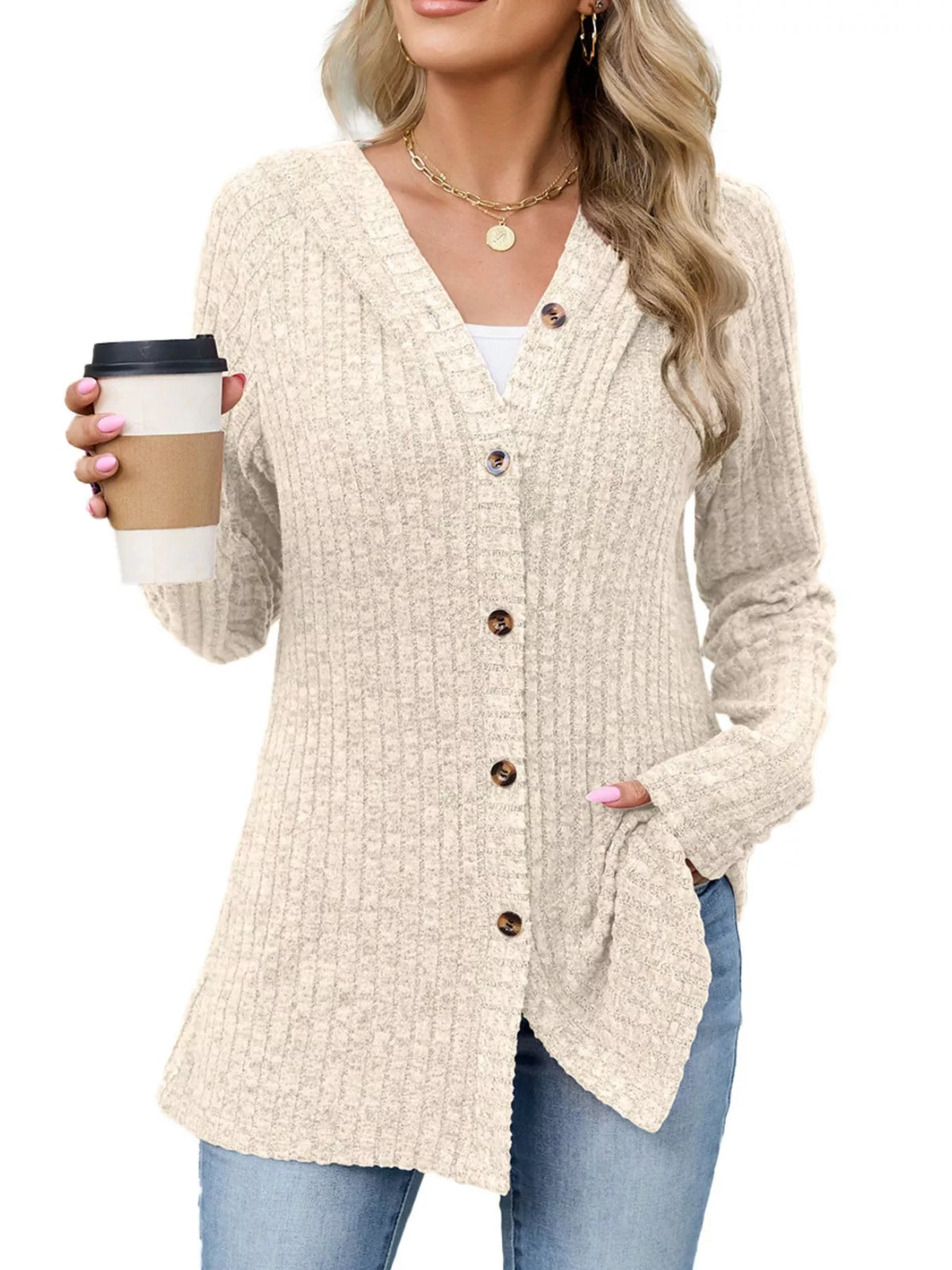 Venke ribbstickad cardigan, aprikos