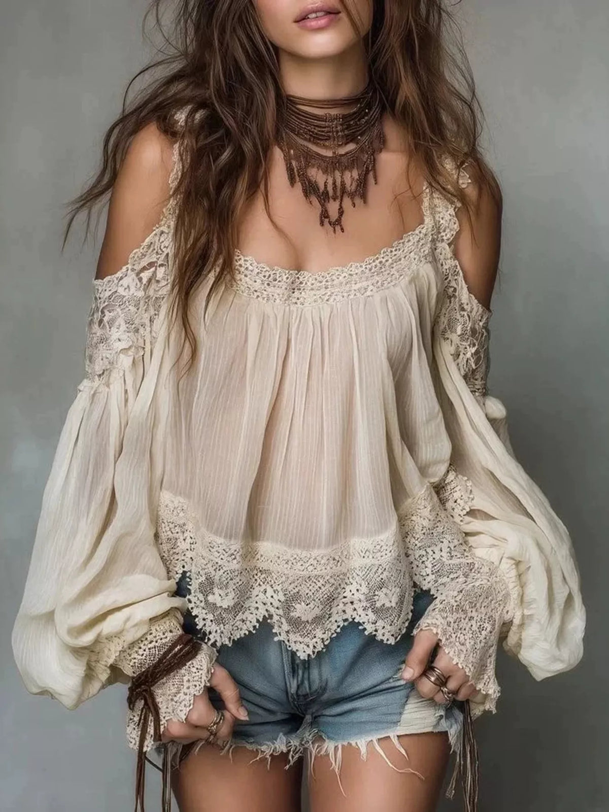 Alicia off-shoulder blus, beige