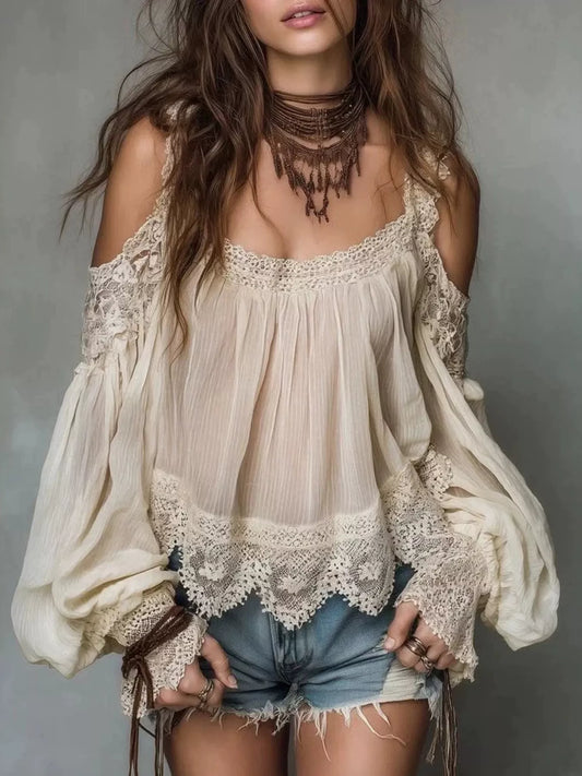 Alicia off-shoulder blus, beige