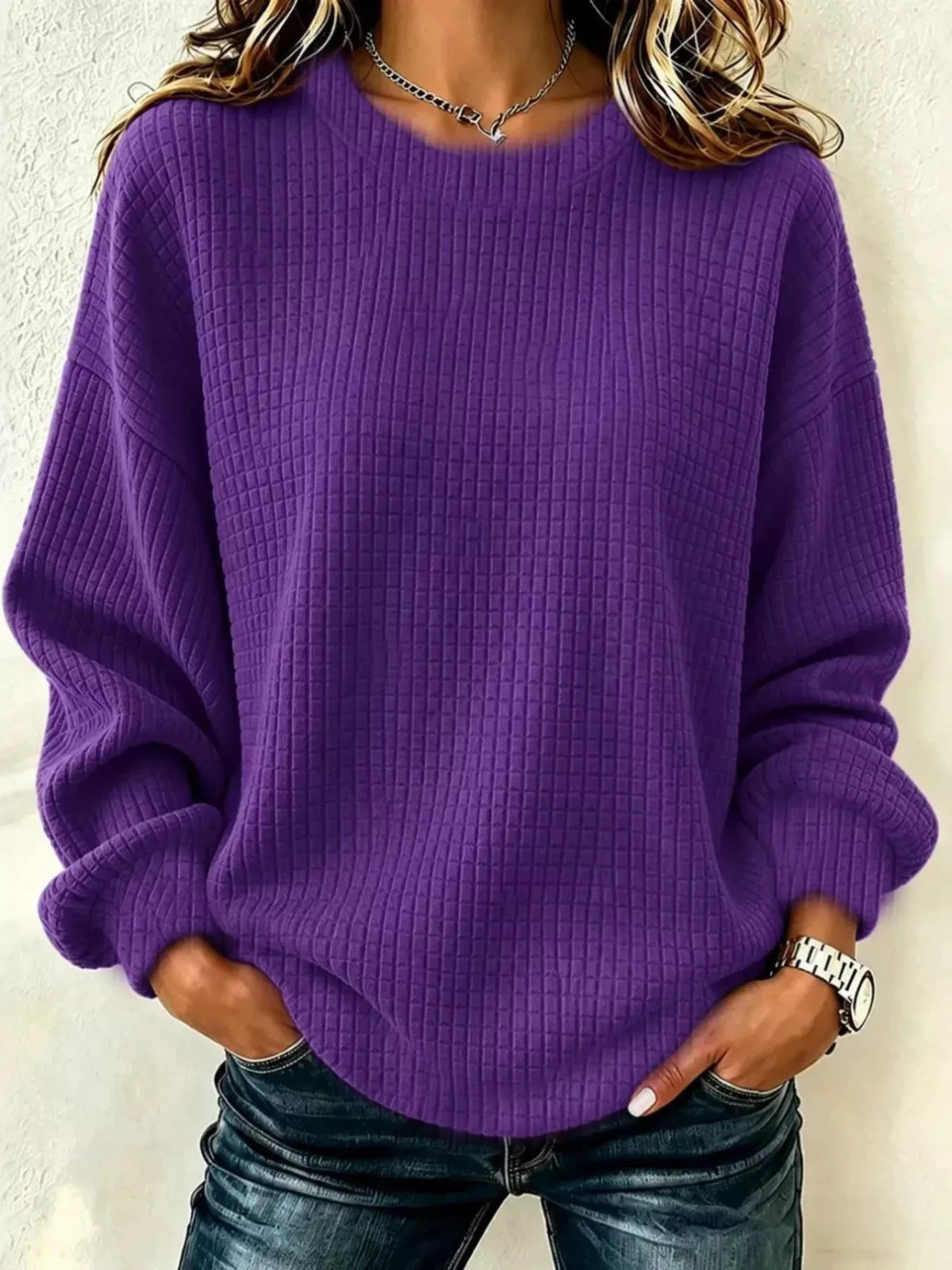 Alfrida våffelstickad sweatshirt, lila