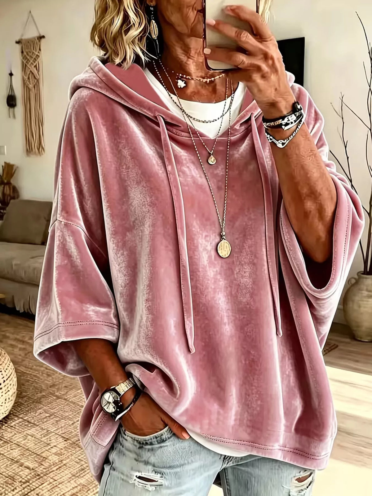Agnes hoodie i sammet, rosa