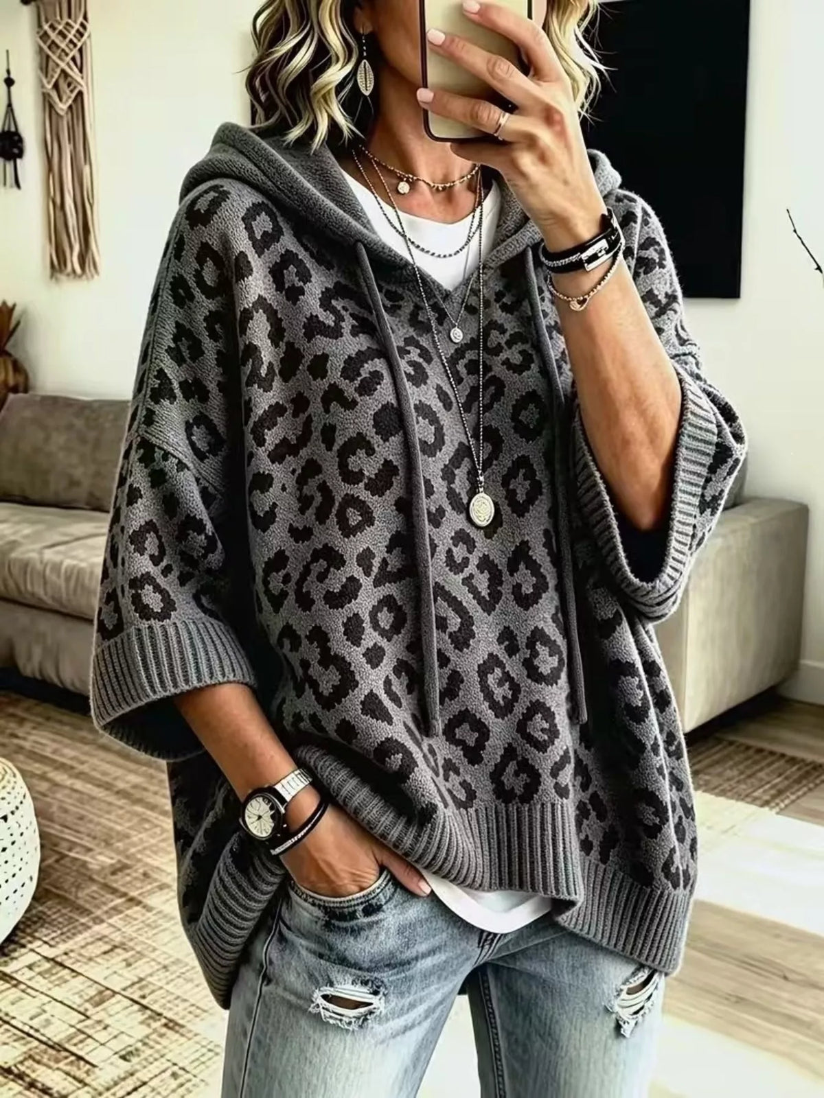 Frauke leopardmönstrad hoodie, mörkgrå