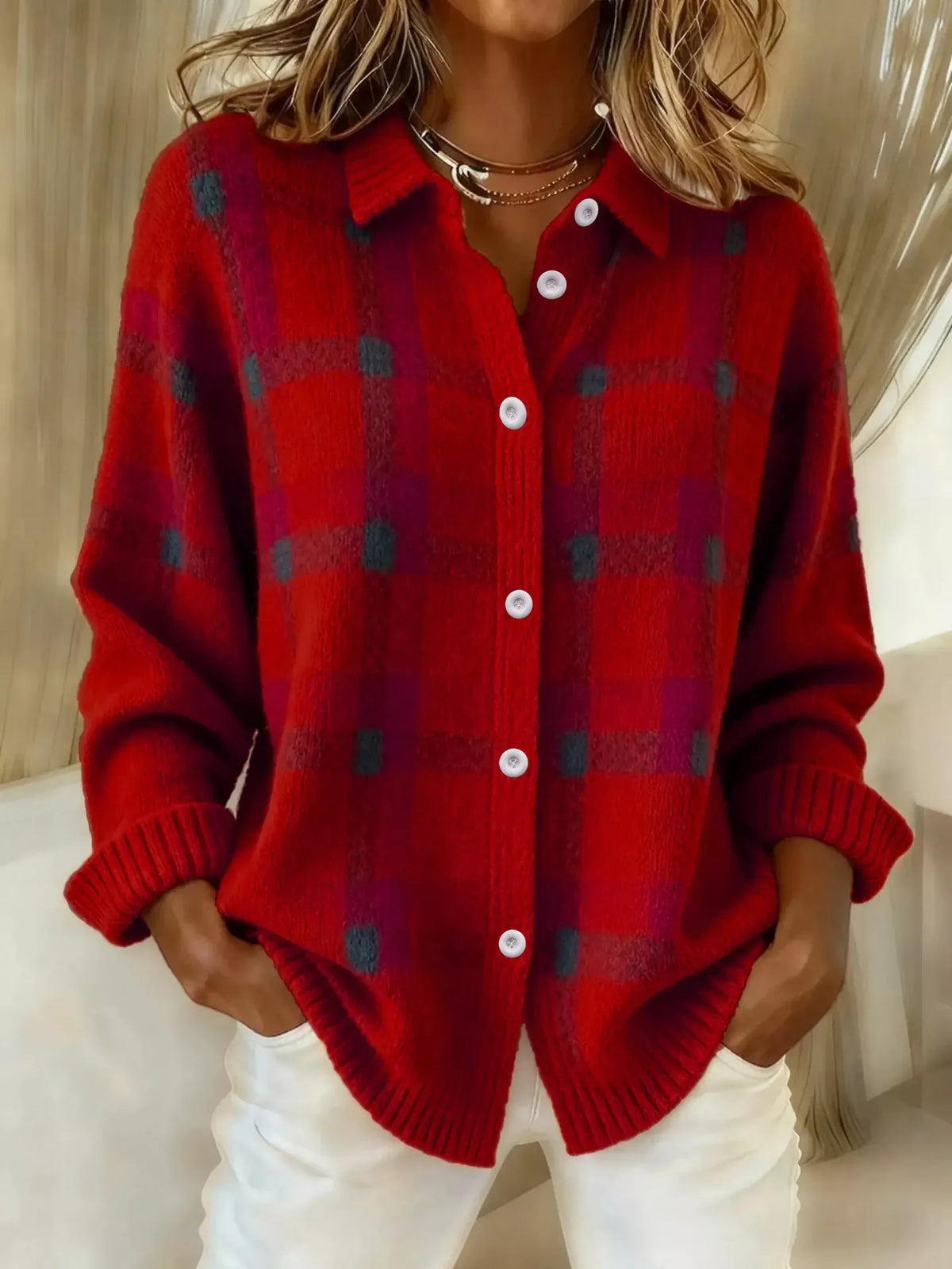 Azra rutig cardigan, röd