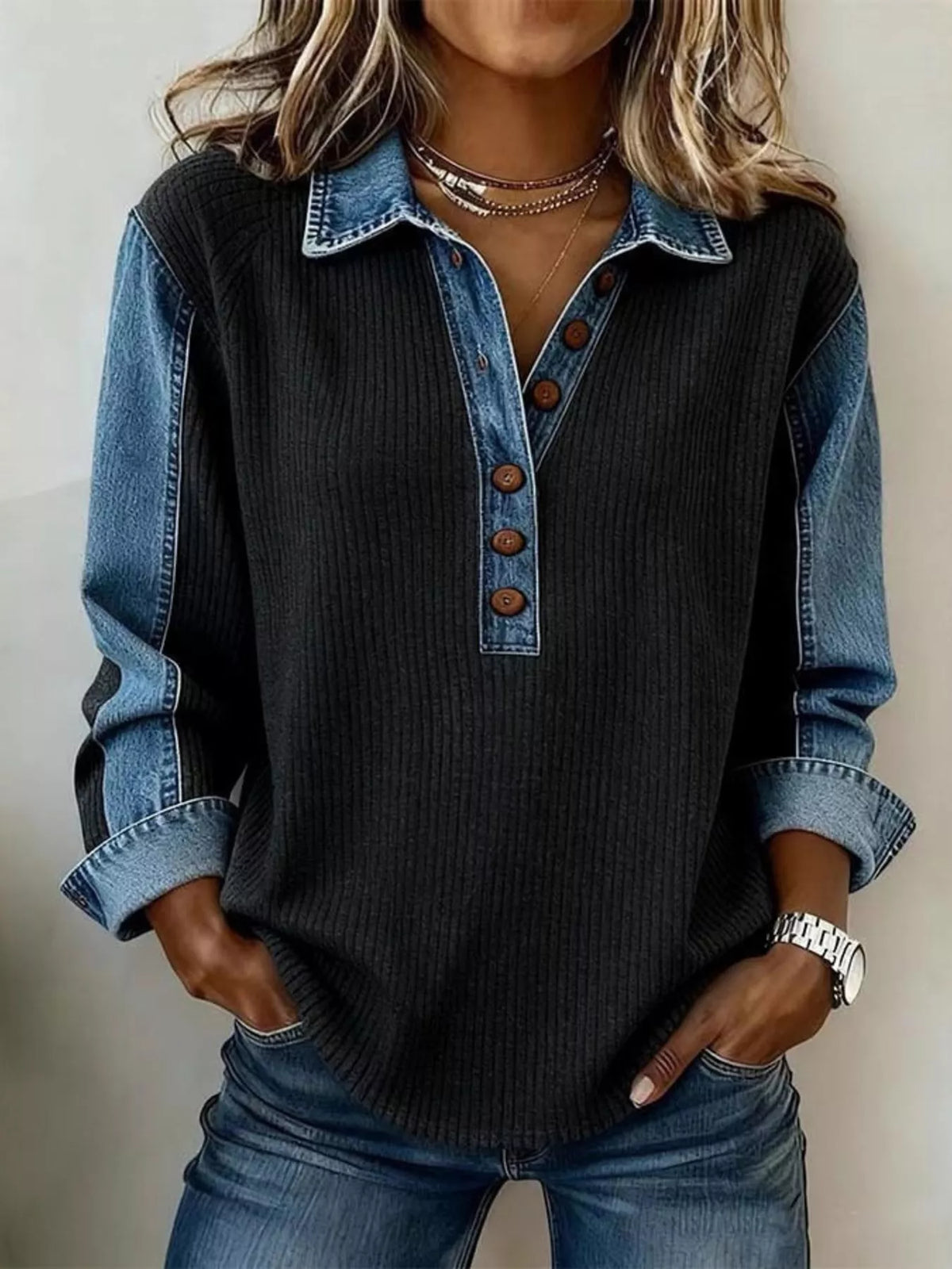 Clea sweatshirt med denimkant, svart