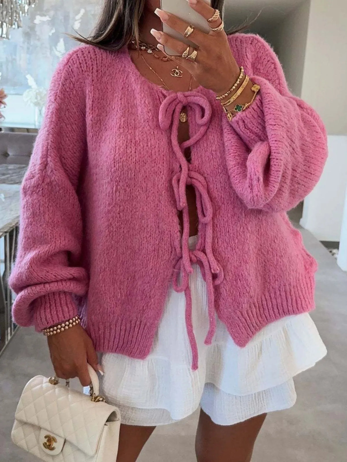 Kinga cardigan med rosett, roséguld