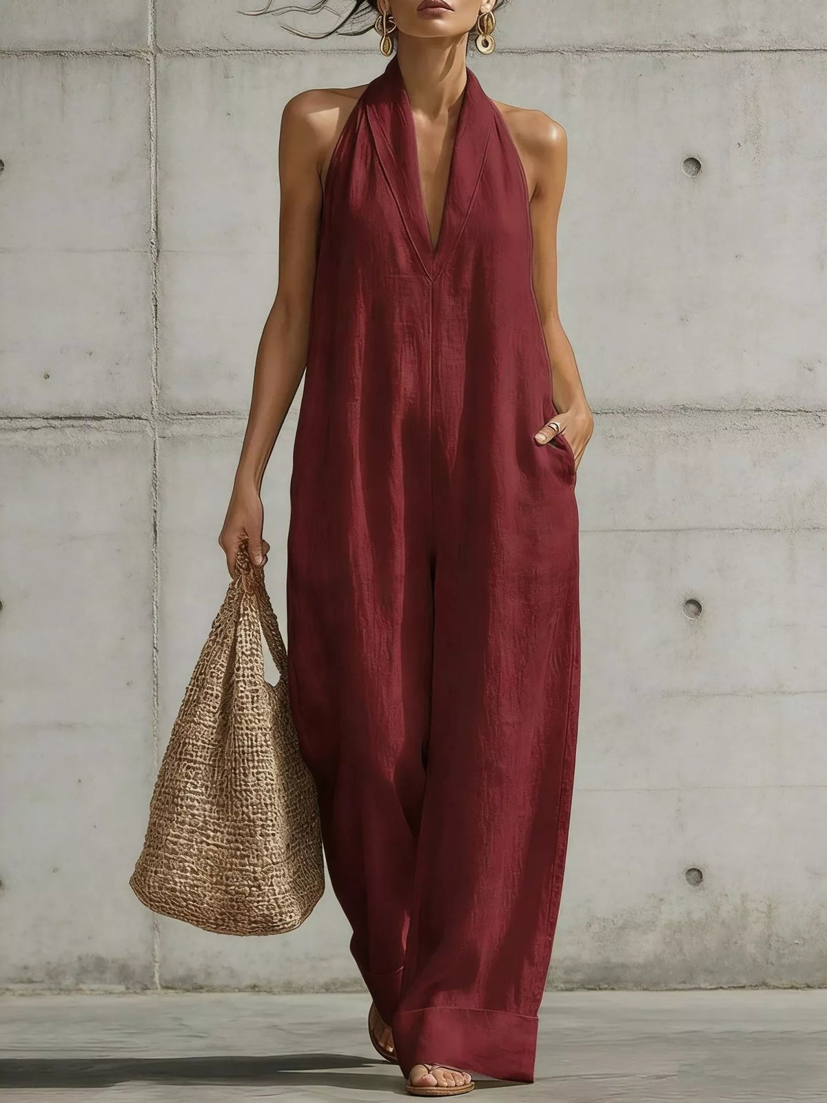 Alanis jumpsuit med halterneck, vinröd