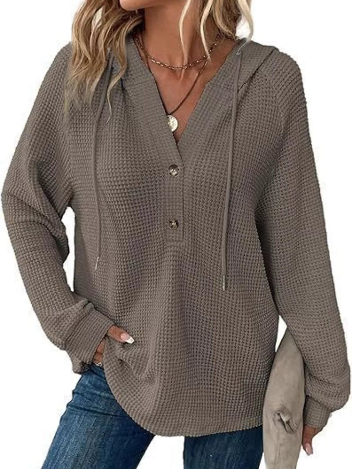 Edna våffelstickad hoodie, grå