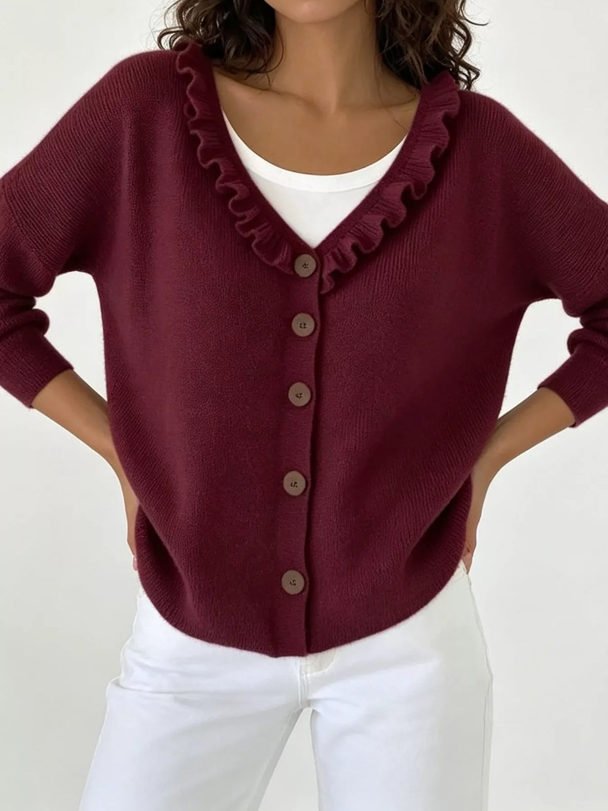 Amabel cardigan med volangkrage, vinröd