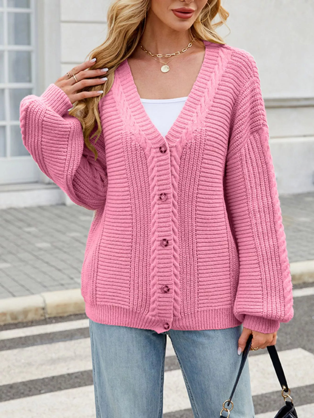 Irmelin kabelstickad cardigan, rosa