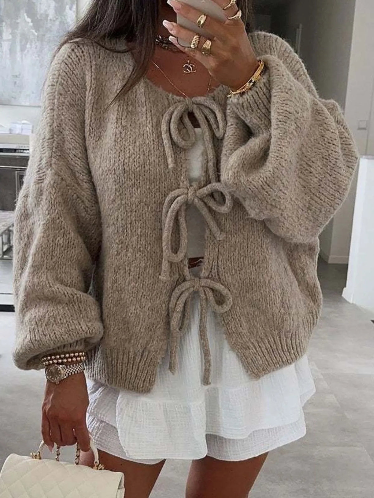 Kinga cardigan med rosett, khaki