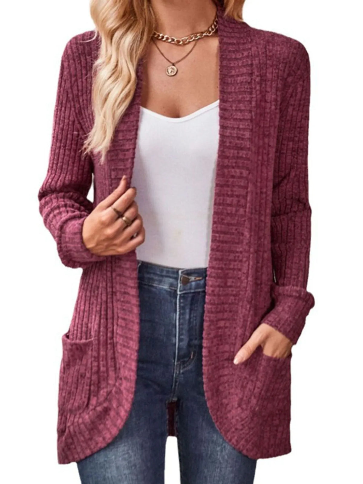 Nadja ribbstickad cardigan, vinröd